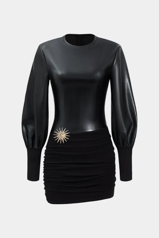 Faux Leather Patchwork Long Sleeve Mini Dress sold by Micas