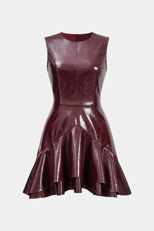 Faux Leather Ruffle Sleeveless Round Neck Mini Dress sold by Micas