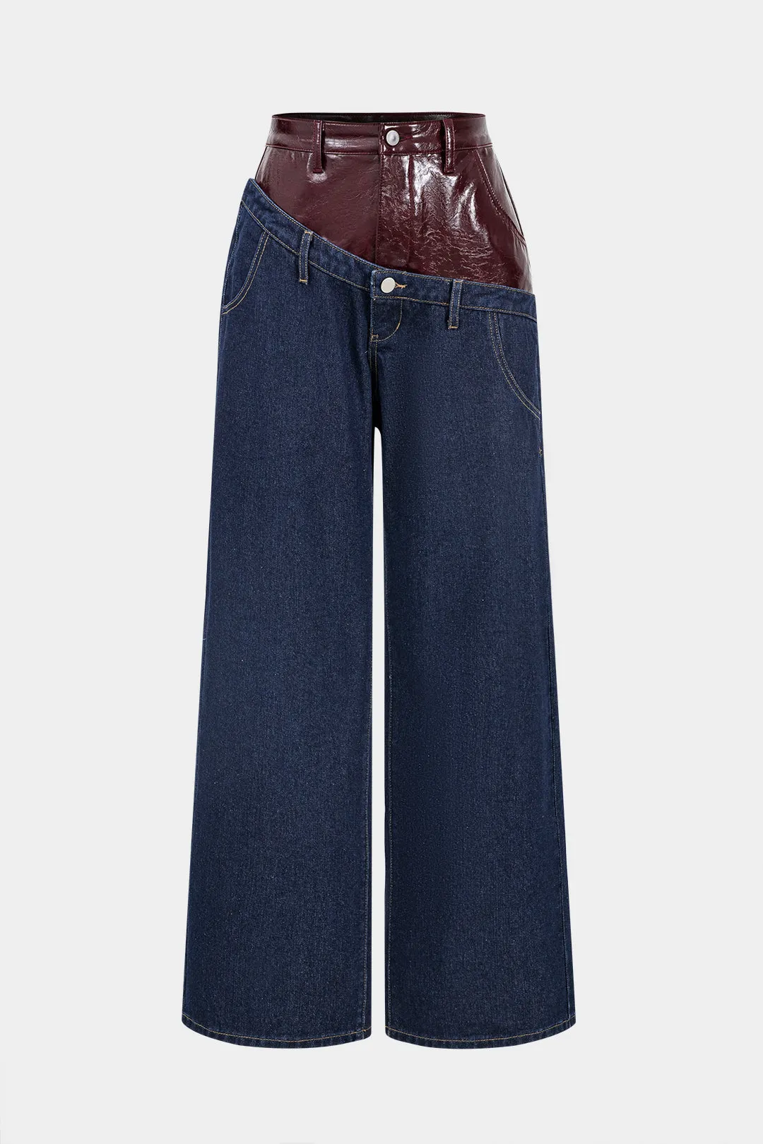 Patchwork Faux Leather Wide Leg Jeans sold by Micas