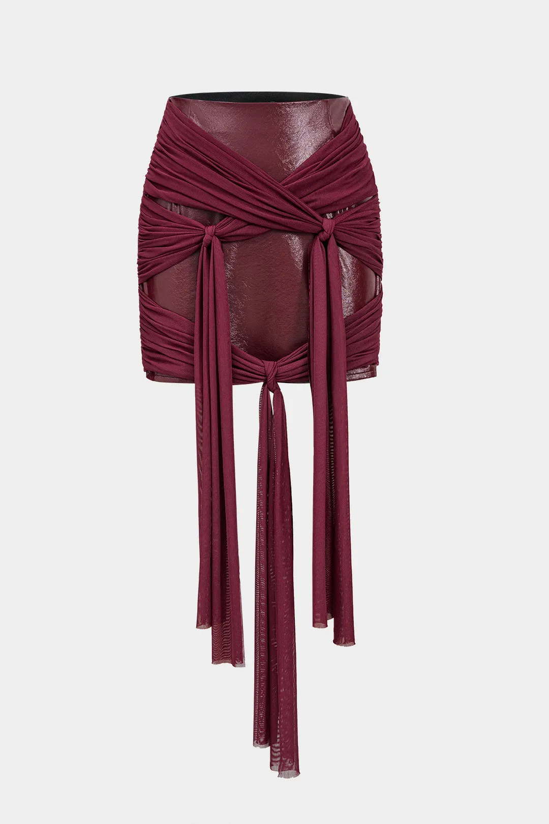 Tie Front Mesh Patchwork Faux Leather Skirt sold by Micas