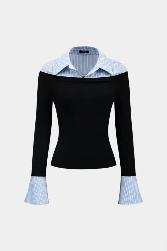 Stripes Print Patchwork Longærme top sold by Micas