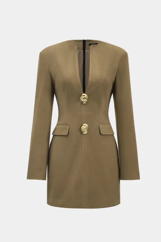 Woolen V-Neck Long Sleeve Metallic Button Mini Dress sold by Micas