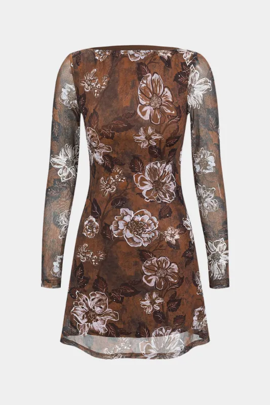 Floral Print Leaves Mesh Long Sleeve Maxi Dress sold by Micas