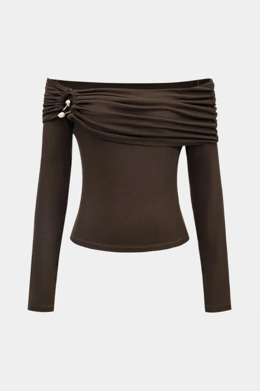 Metallic Detail Off Shoulder Long-Sleeve Top sold by Micas