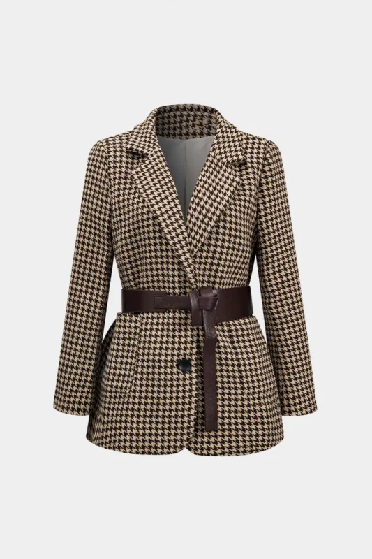 Houndstooth Notched Lapel Belted Blazer sold by Micas