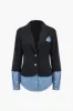 Denim patchwork noteret lapel blazer sold by Micas