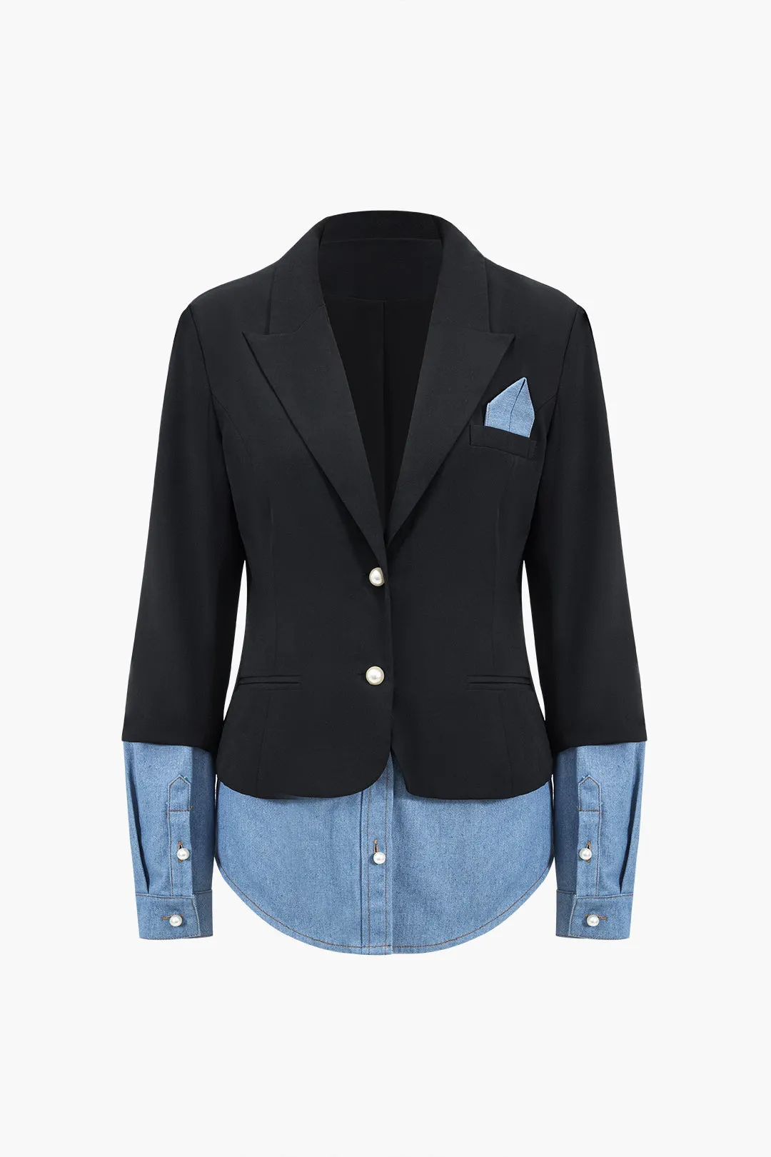 Denim patchwork noteret lapel blazer sold by Micas