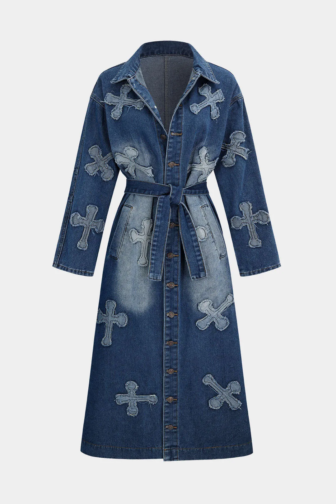 Embroidery Denim Long Coat Belted Outerwear sold by Micas