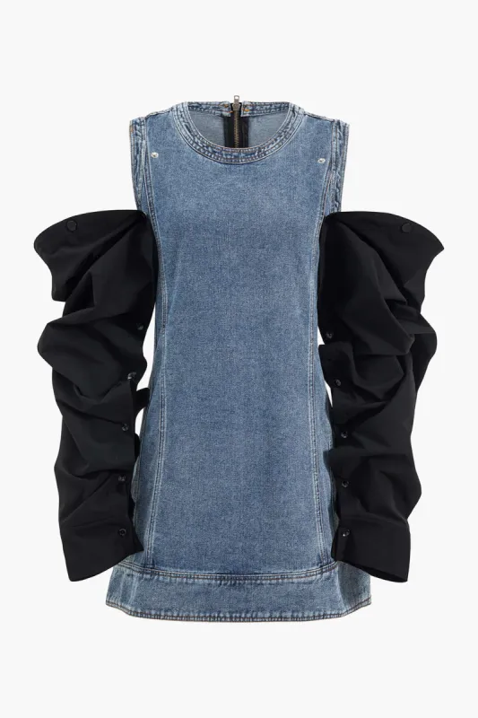 Denim Patchwork Zipper Long Sleeve Mini Dress sold by Micas