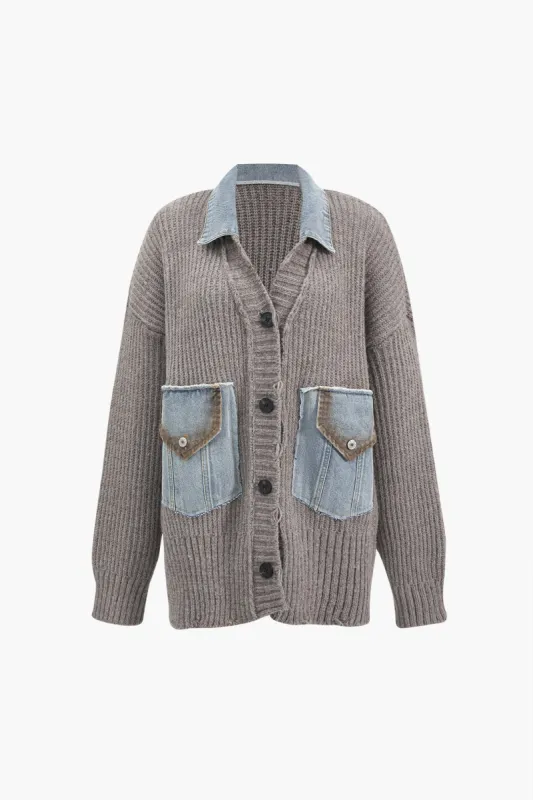 Sweater Patchwork Polo Collar Sweater Cardigan sold by Micas