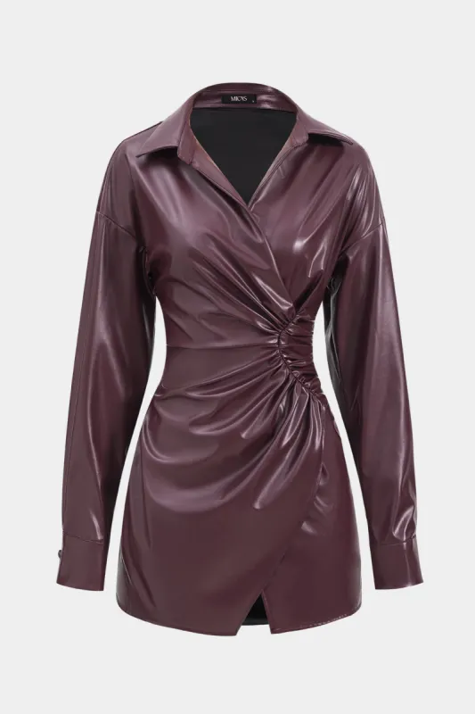 Faux Leather V-Neck Long Sleeve Ruched Mini Dress sold by Micas