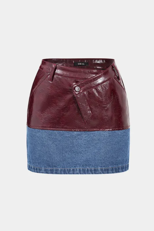 Patchwork Denim Asymmetrical Faux Leather Skirt sold by Micas