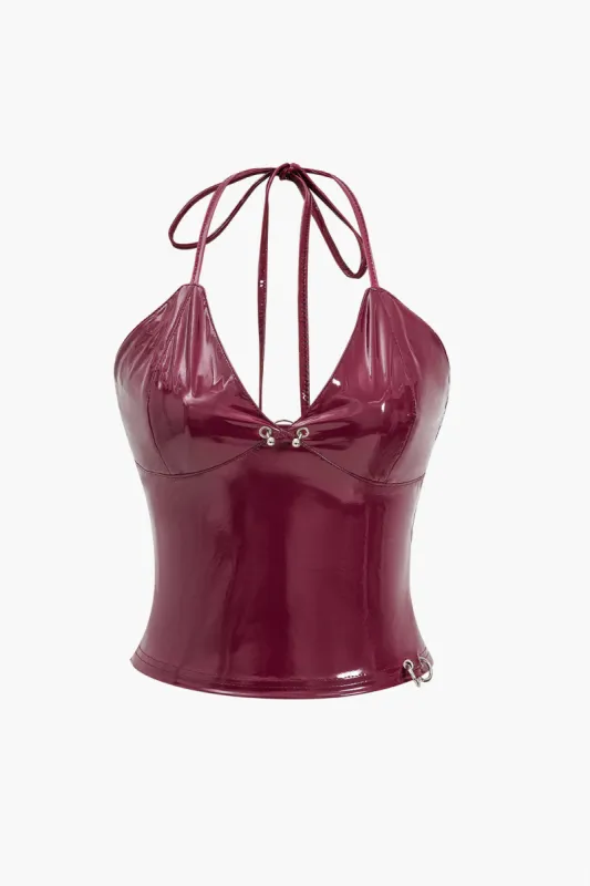 Faux Leather Backless Tie-Up Cami Top sold by Micas