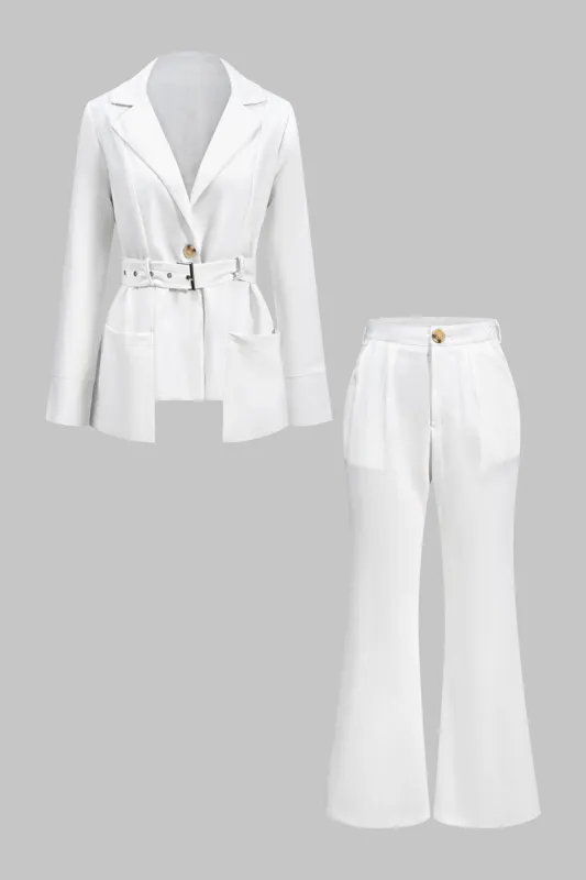 Solid Belted Pocket Blazer And Pants Set sold by Micas