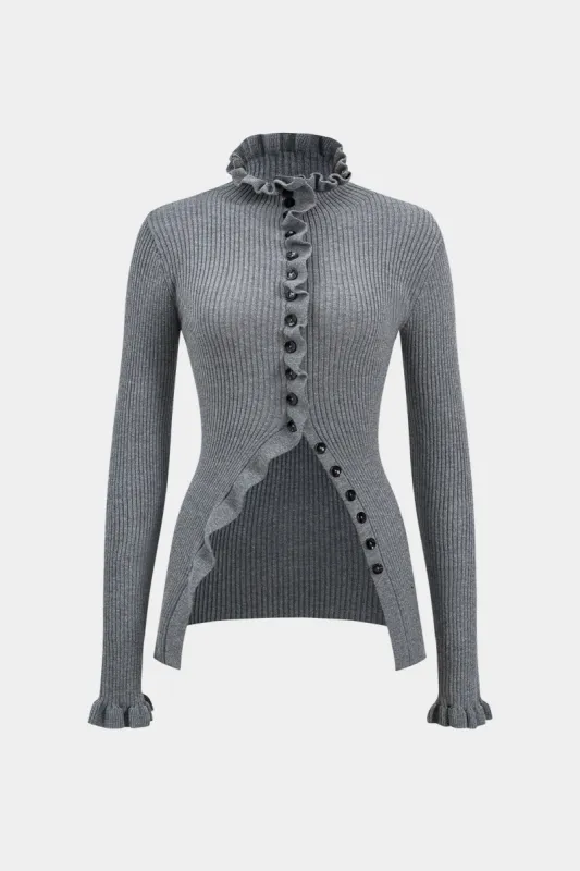 Knit Button Ruffle Long-Sleeve Top sold by Micas