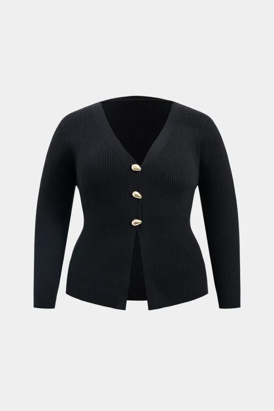 Plus Size Button Knit V-Neck Long-Sleeve Top sold by Micas