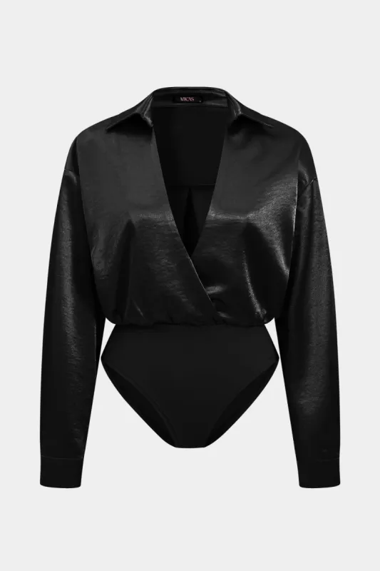 Plus Size Satin Button Patchwork Long Sleeve Bodysuit sold by Micas