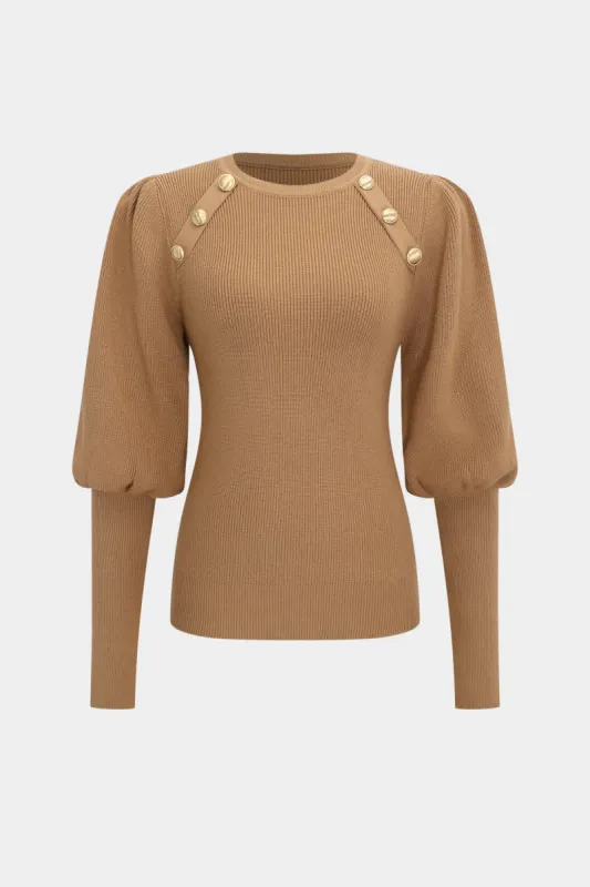 Knit Gold Button Gigot Sleeve Long-Sleeve Top sold by Micas