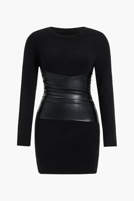 Plus størrelse patchwork faux læder langærmet mini kjole sold by Micas