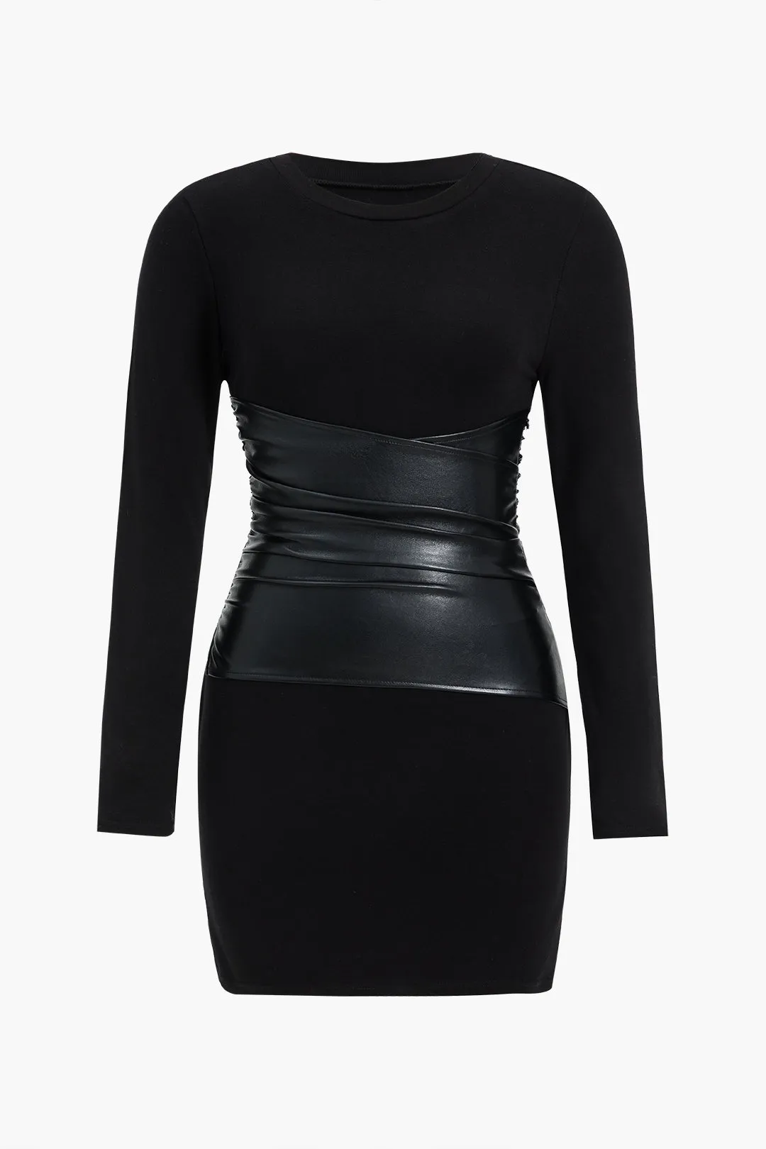 Plus størrelse patchwork faux læder langærmet mini kjole sold by Micas