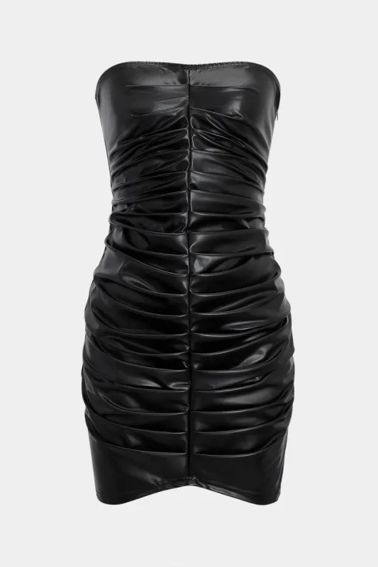 Faux læder ruched stroppeløs ærmeløs mini kjole sold by Micas
