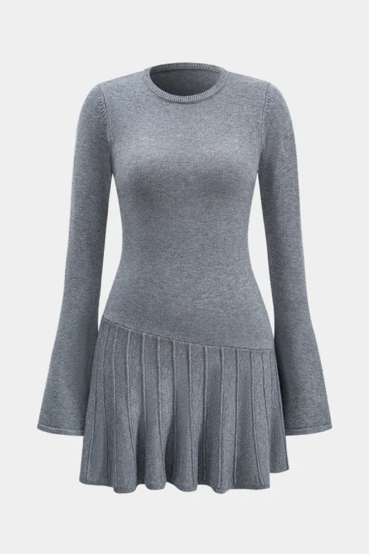 Round Neck Long Sleeve Pleated Mini Dress sold by Micas