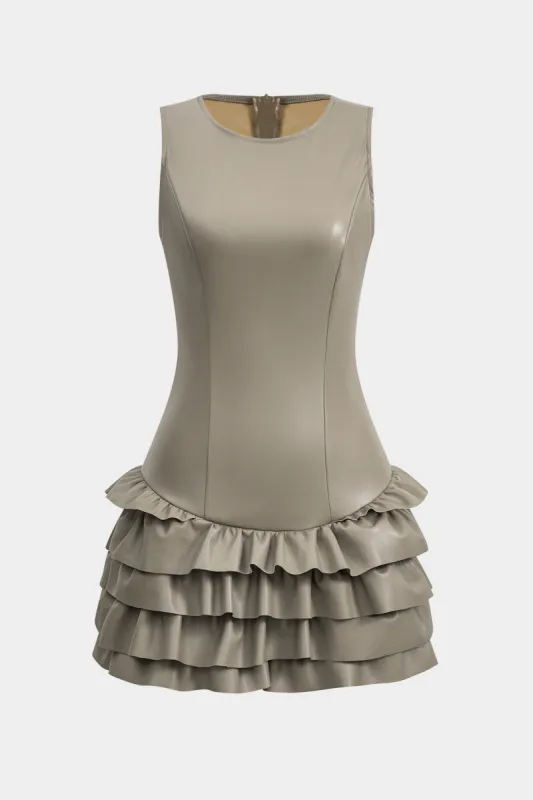 Faux Leather Ruffle Round Neck Sleeveless Mini Dress sold by Micas