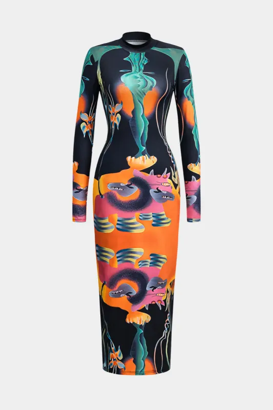 Abstrakt print langærmet bodycon midi kjole sold by Micas