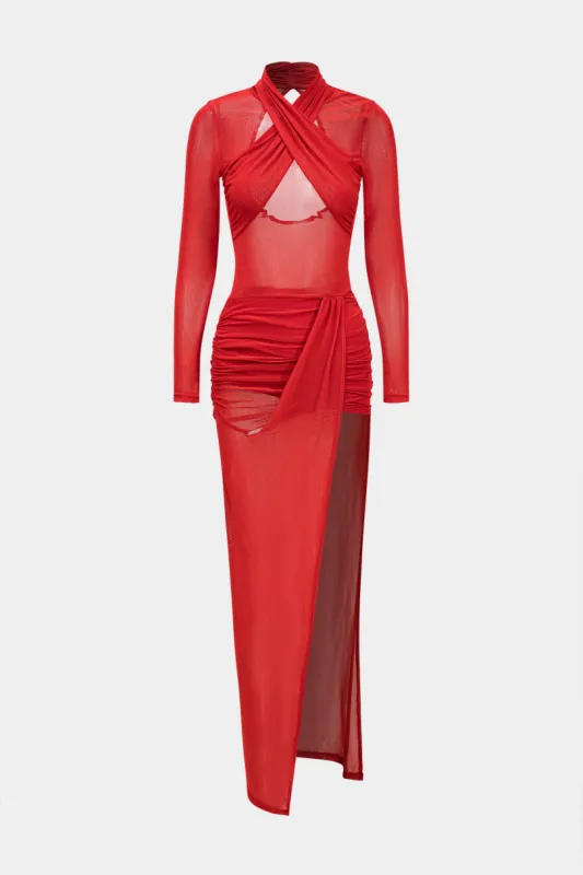 Mesh Sheer krydsede langærmet midi -kjole sold by Micas