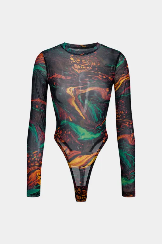 Abstract Print Mesh Long Sleeve Bodysuit sold by Micas