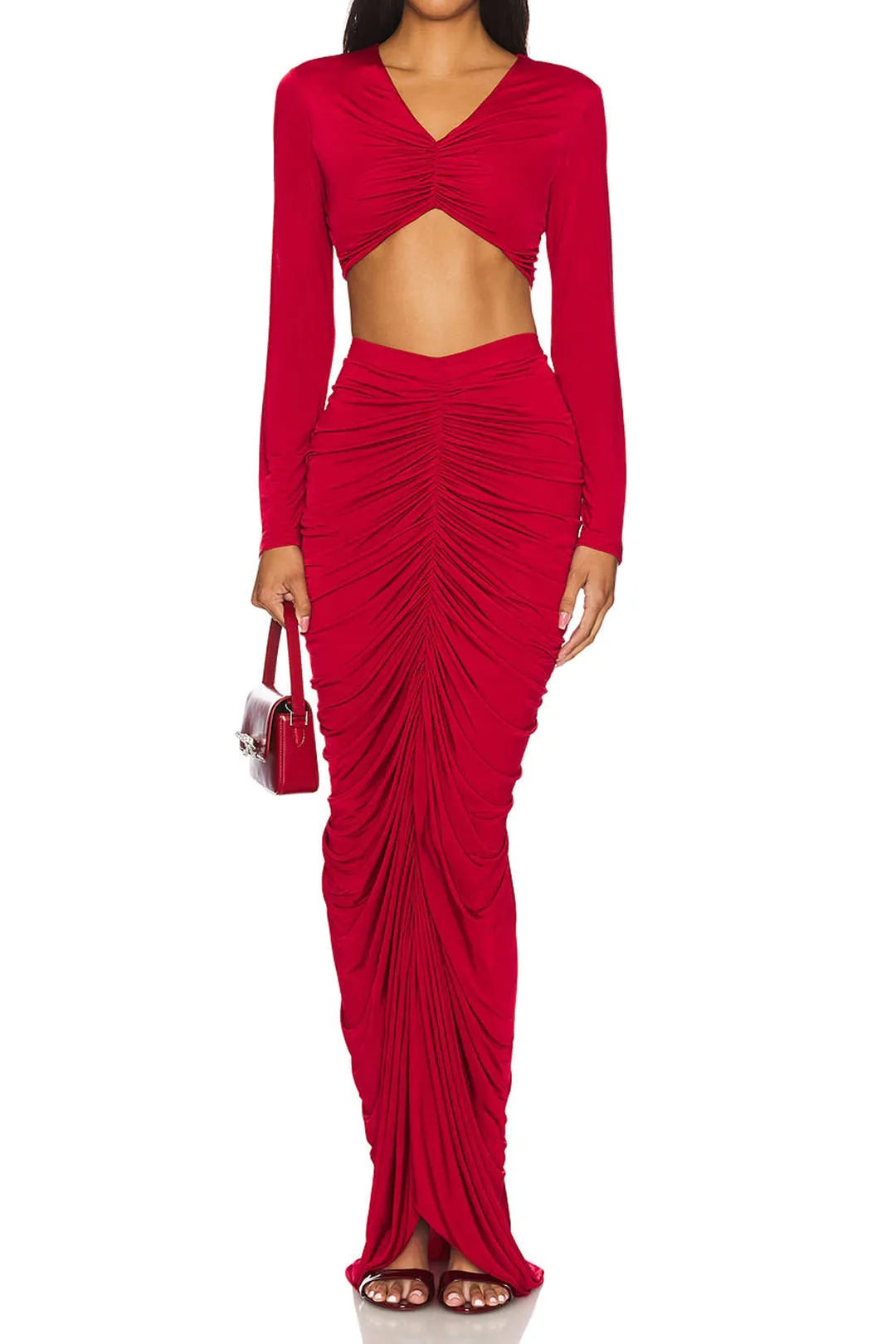 Ruched V-neck Cropped Top And Maxi Skirt Set sold by Micas