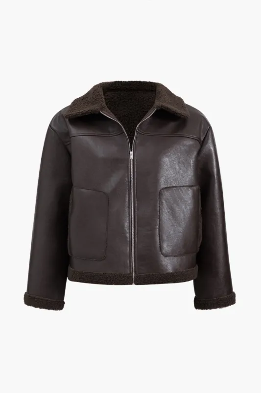 Plus Size Faux Leather Zipper Patchwork Jacket sold by Micas