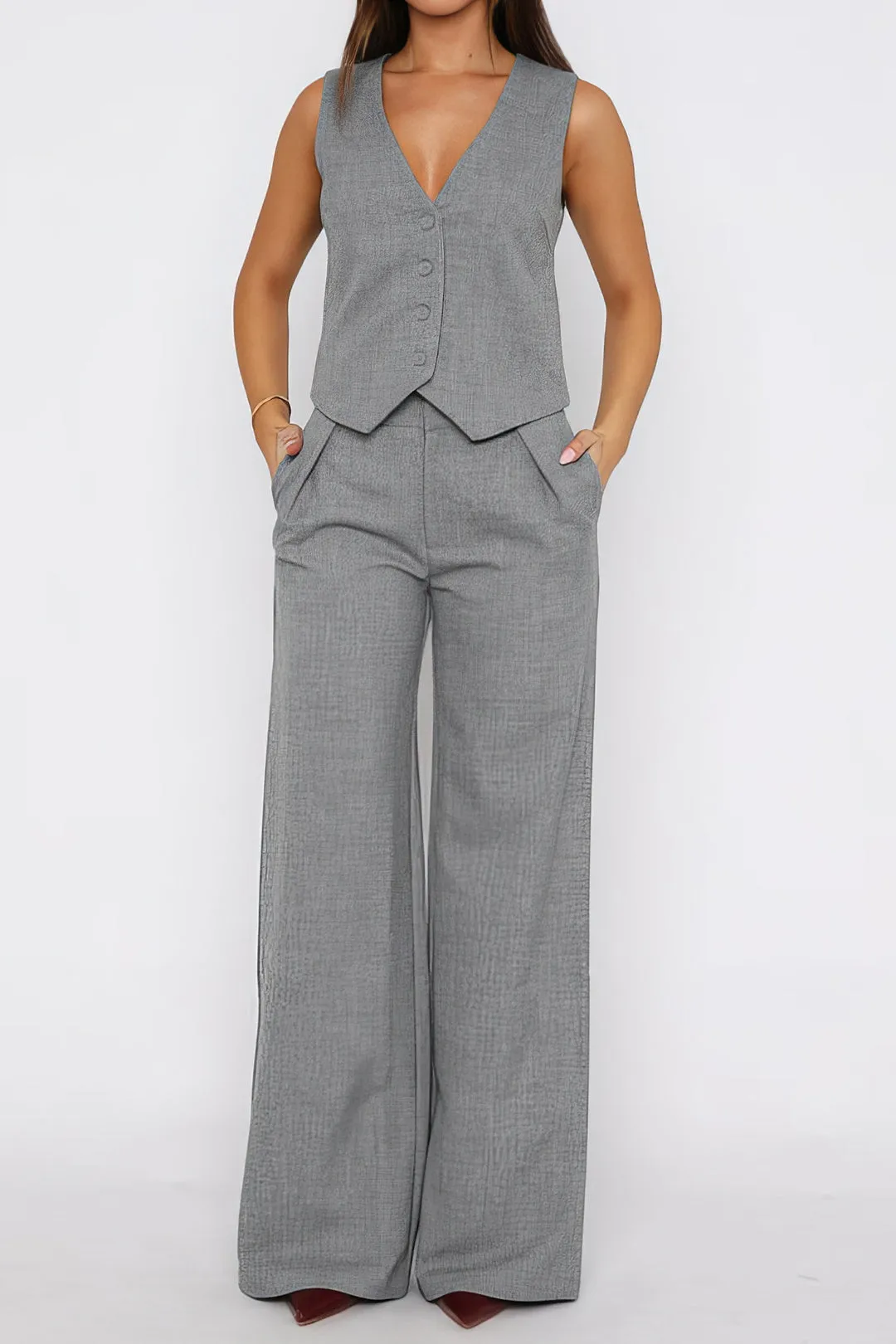 Solid Vest And Wide Leg Pants Set sold by Micas
