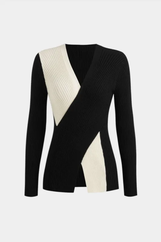 Knit Contrast Crossed Patchwork V-Neck Long-Sleeve Top sold by Micas