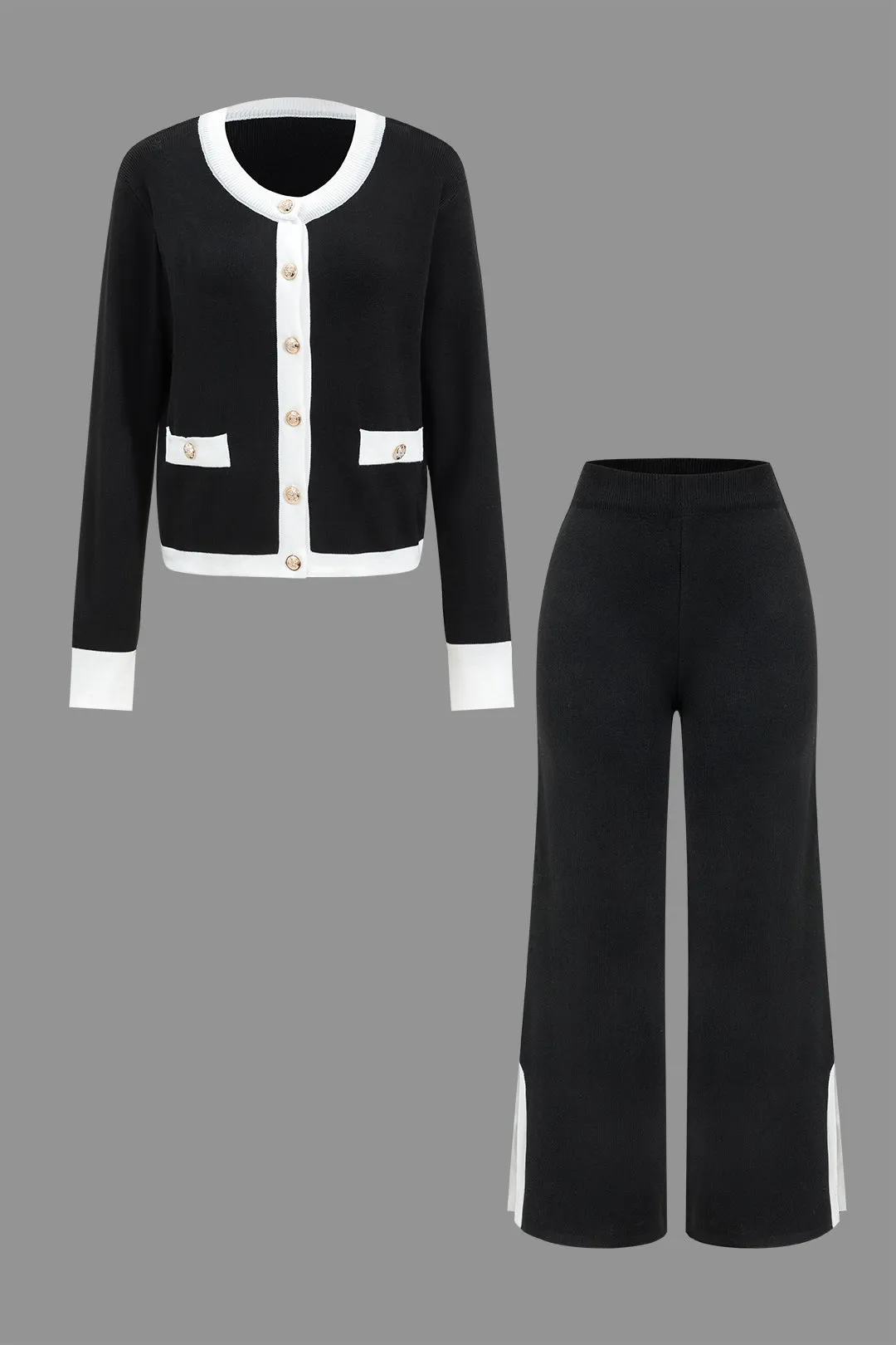 Kontrast Knit -knap patchwork top og bukser sæt sold by Micas