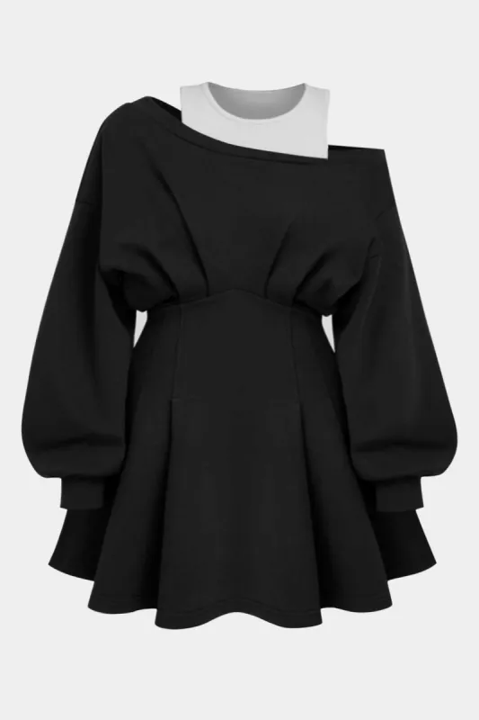 Plus størrelse patchwork asymmetrisk langærmet mini kjole sold by Micas