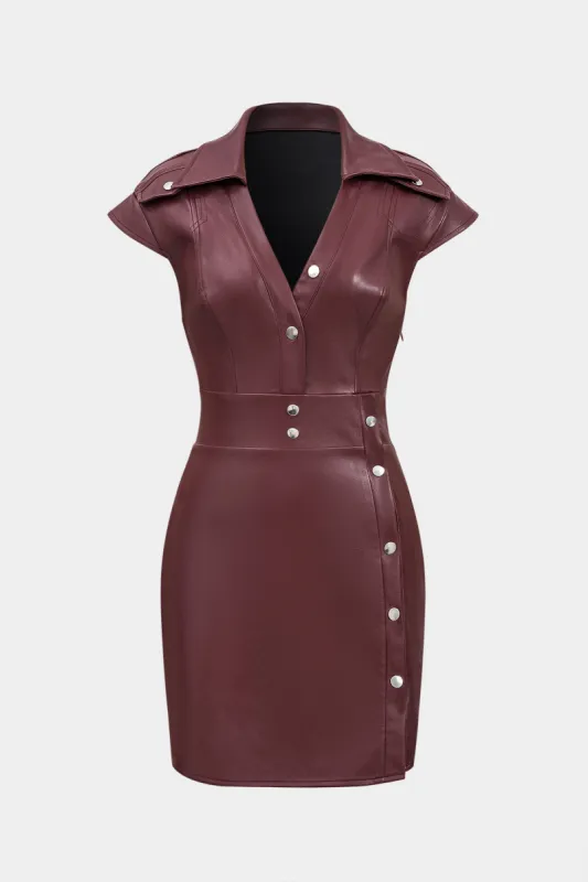Faux Leather Metallic Button Fake Pockets Mini Dress sold by Micas