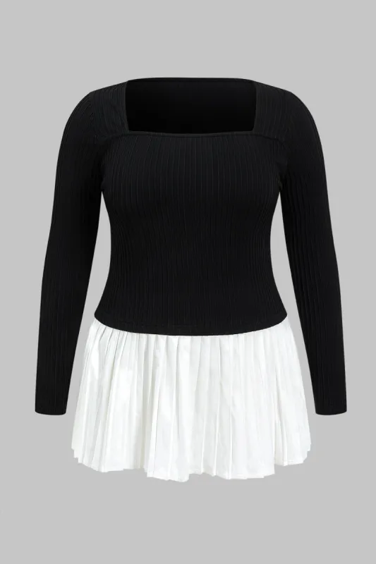 Plus Size Pleated Patchwork Square Neck Long Sleeve Mini Dress sold by Micas