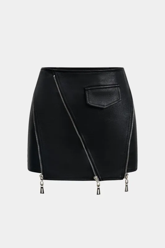 Faux læder asymmetrisk lynlås nederdel sold by Micas