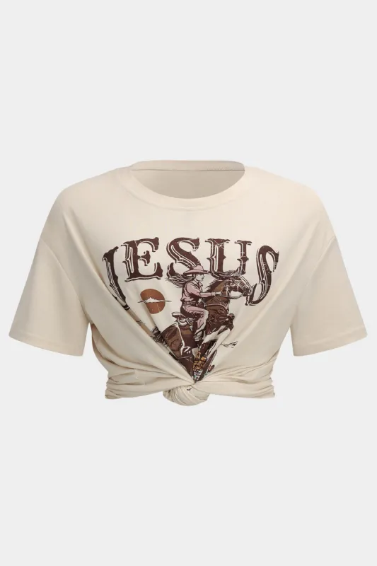 Plus størrelse bogstav print rund hals kortærmet t-shirt sold by Micas