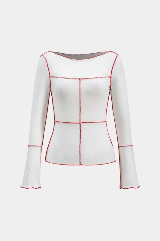Contrast Whipstitching Long-Sleeve Top sold by Micas