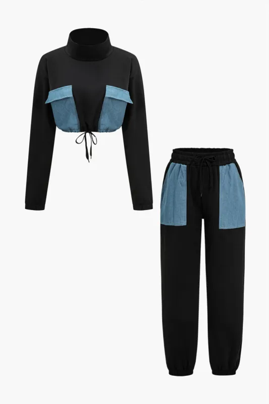 Denim Patchwork Pocket Tie-Up Top And Trousers Set sold by Micas