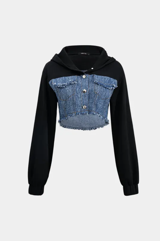 Denim falske lommer patchwork hoodie sold by Micas