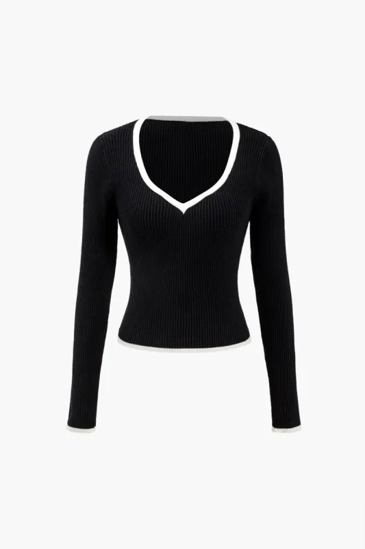 Strik v-hals langærmet top sold by Micas