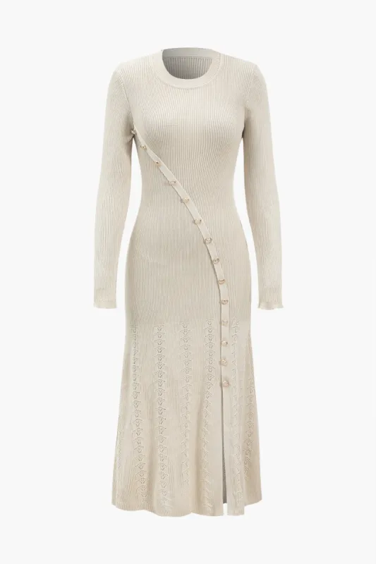 Knit Asymmetric Button Long Sleeve Dress sold by Micas