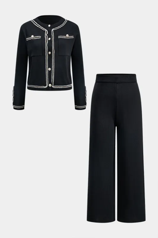 Strikknap kontrast lomme cardigan og bukser sæt sold by Micas