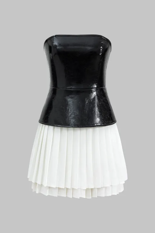 Faux Leather Pleated Zipper Strapless Mini Dress sold by Micas