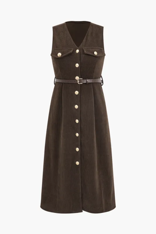 Knap V-hals bæltet langærmet corduroy maxi kjole sold by Micas