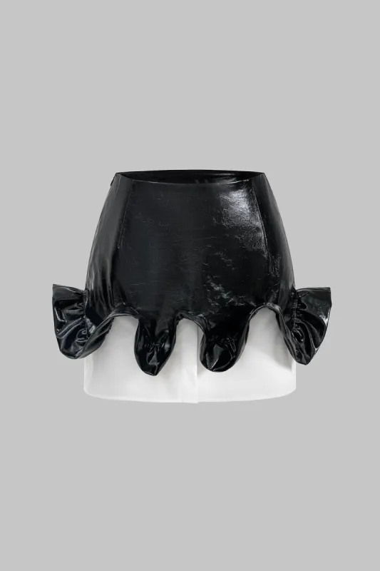 Faux Leather High Waist Ruffle Patchwork Skirt sold by Micas