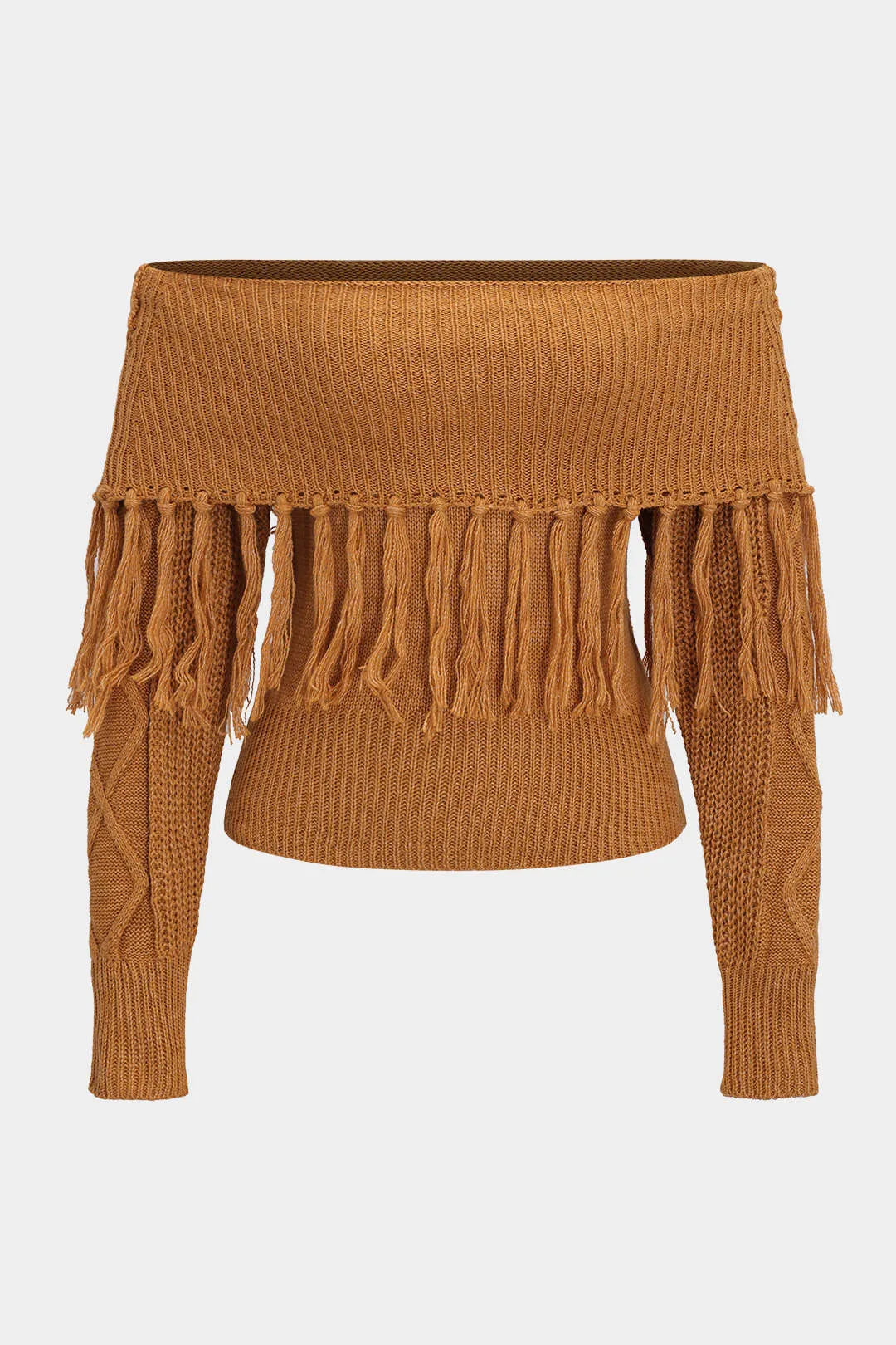 Sweater Fringe off-skulder top sold by Micas